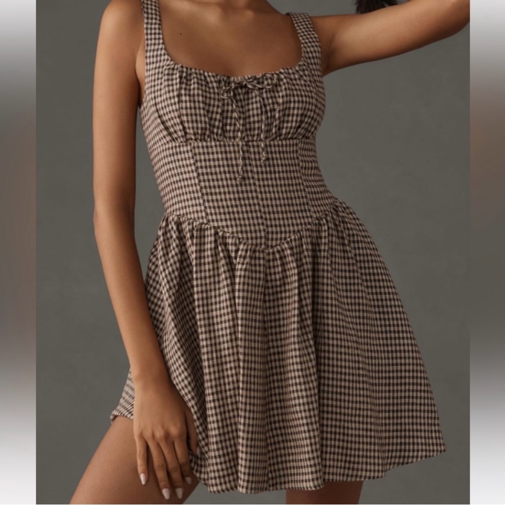 Reformation Daria Brown Checkered Mini Dress